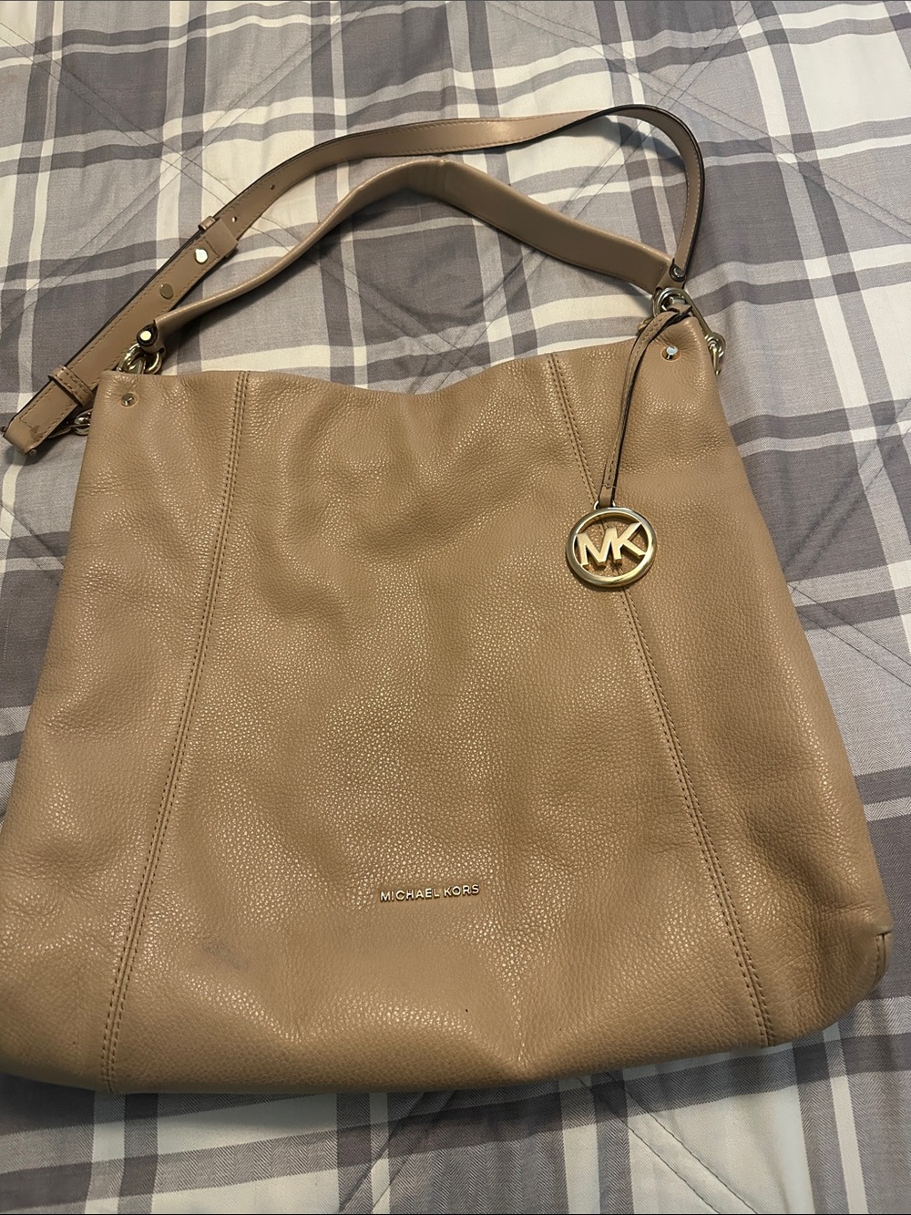 Michael Kors Taupe Pebbled Leather Shoulder Tote with Gold MK Charm